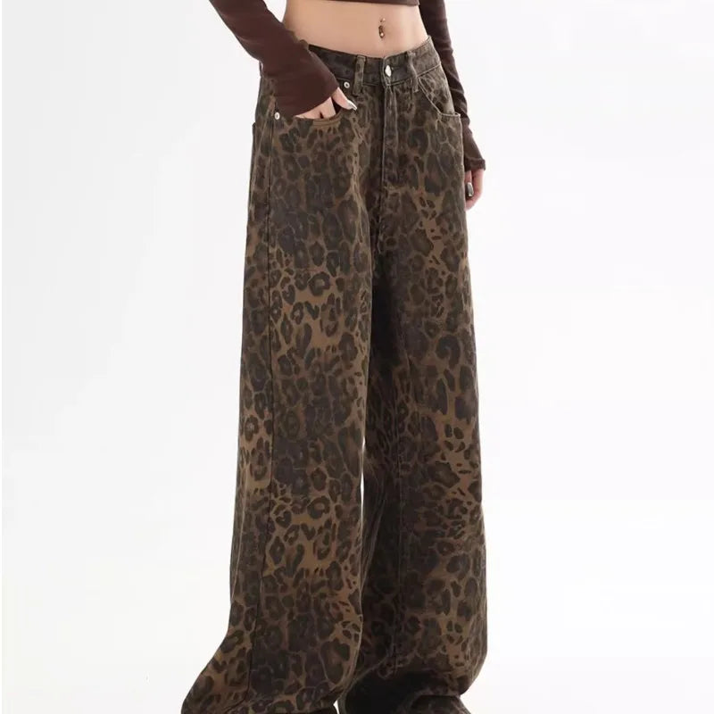 Women's Vintage Leopard Print Straight Leg Jeans - Casual Fall Winter Overalls