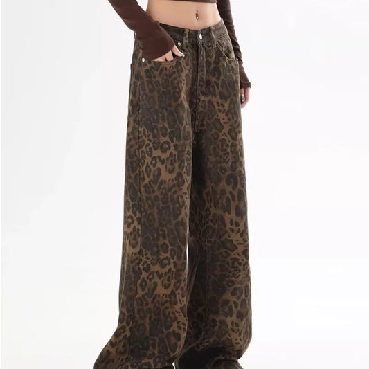 Women's Vintage Leopard Print Straight Leg Jeans - Casual Fall Winter Overalls
