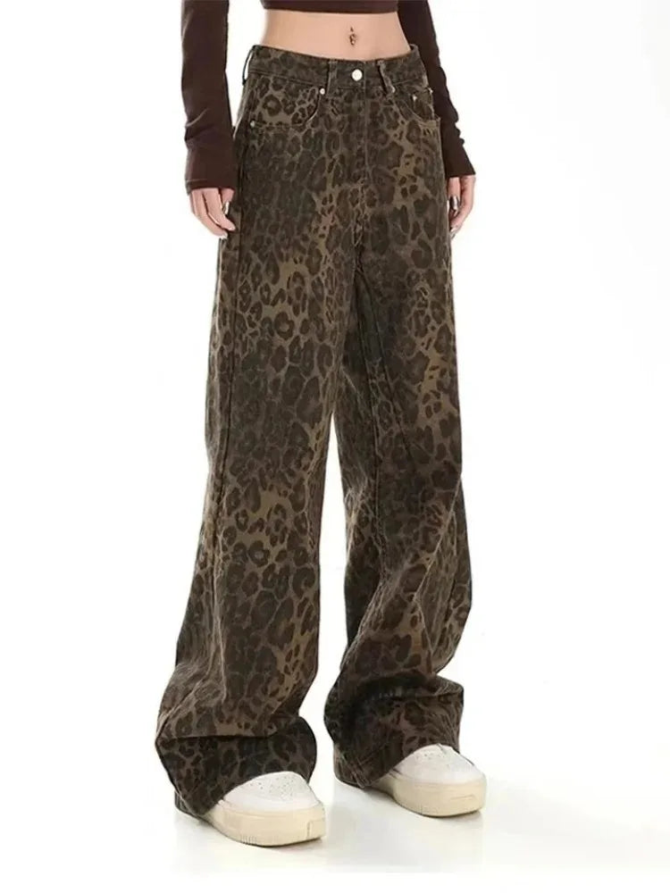 Women's Vintage Leopard Print Straight Leg Jeans - Casual Fall Winter Overalls