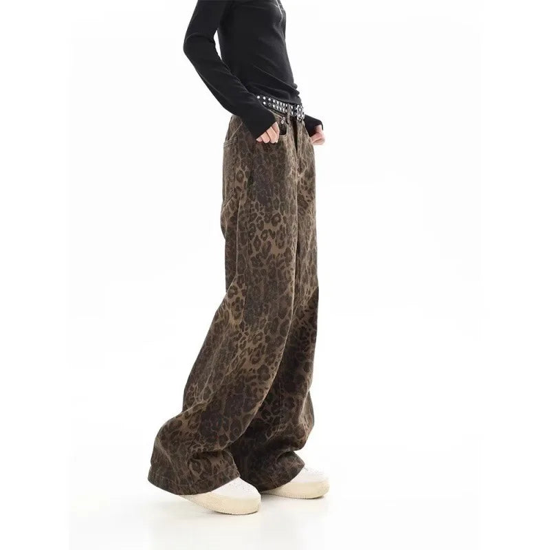Women's Vintage Leopard Print Straight Leg Jeans - Casual Fall Winter Overalls
