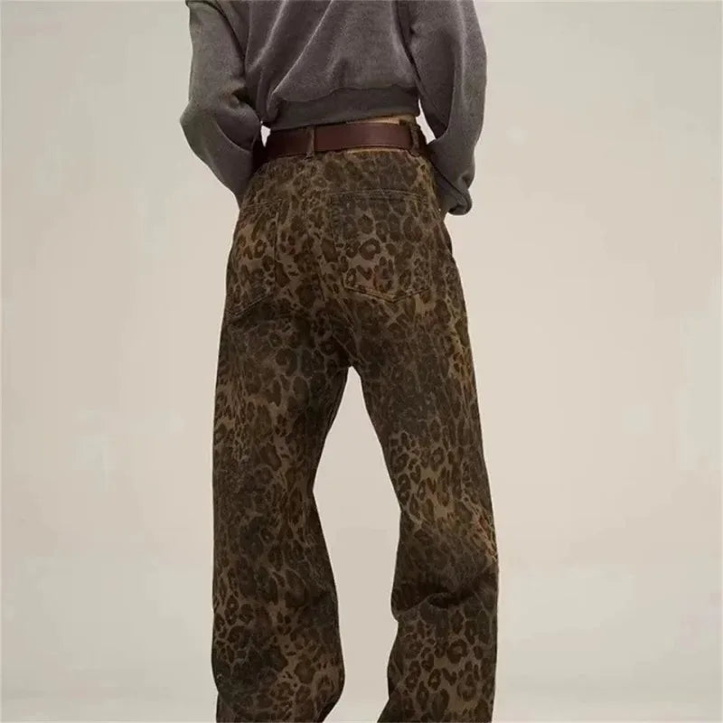 Women's Vintage Leopard Print Straight Leg Jeans - Casual Fall Winter Overalls