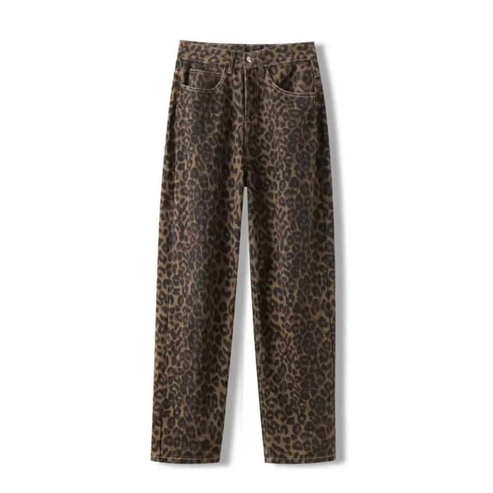 Women's Vintage Leopard Print Straight Leg Jeans - Casual Fall Winter Overalls
