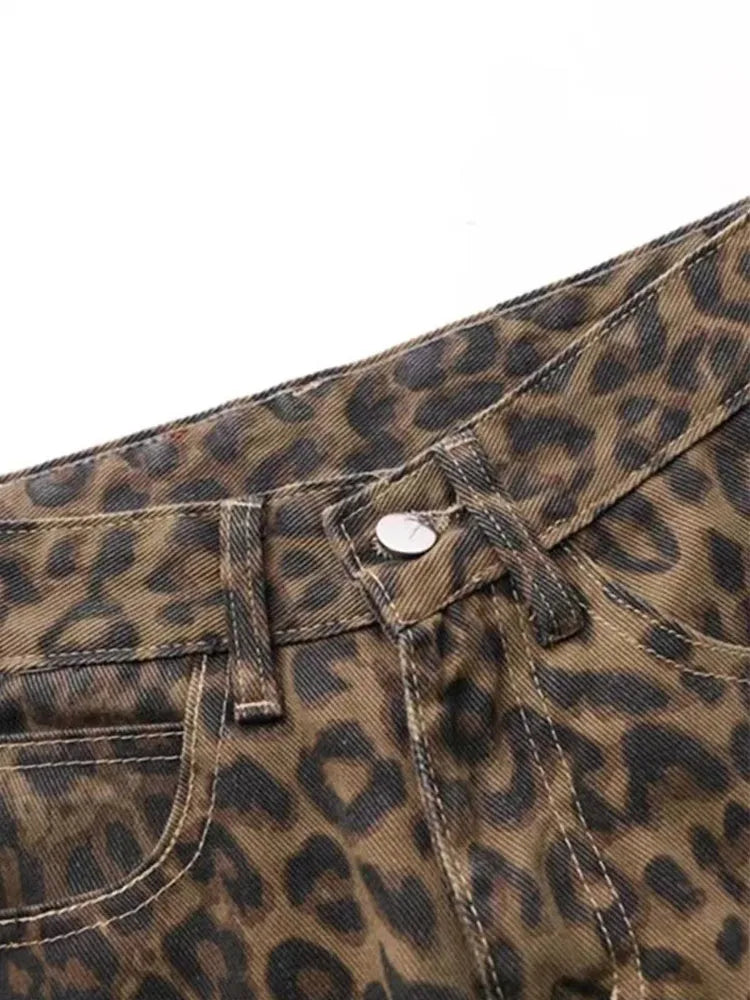 Women's Vintage Leopard Print Straight Leg Jeans - Casual Fall Winter Overalls